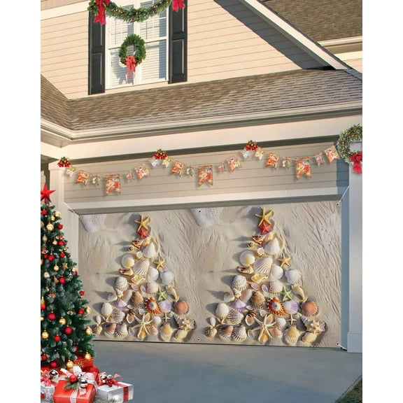 Garage Door Banner Cover 7 x 16 ft, Christmas Seashell Starfish Conch Xmas Tree Beach Christmas Garage Door Decorations Holiday Christmas Backdrop Decor for Winter New Year Xmas Party