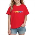 thumbnail image 2 of Girls Cotton Short Sleeve T-Shirt with Rainbow Heart Print | Kids Casual Top for Ages 4-12 in Red | 100% Soft Breathable Crewneck Tee Sizes 4T-12,Size 7 T, 2 of 9