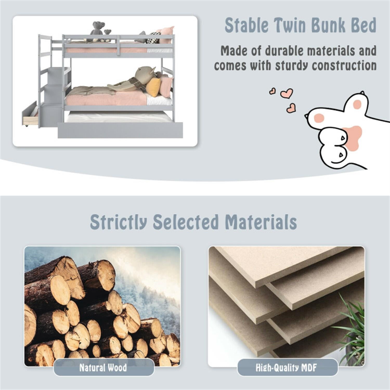 Demi Bonn Twin Pull-Out Bunk Beds with Ladder in the Steps and a Trundle, Bunk Bed Platform with Storage Shelf and Drawer, Gray