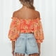 thumbnail image 5 of Blusa con hombros descubiertos para mujer, estampado floral, media manga, pecho fruncido, camisa corta ajustada a la moda con hombros descubiertos, Top naranja L, 5 of 7