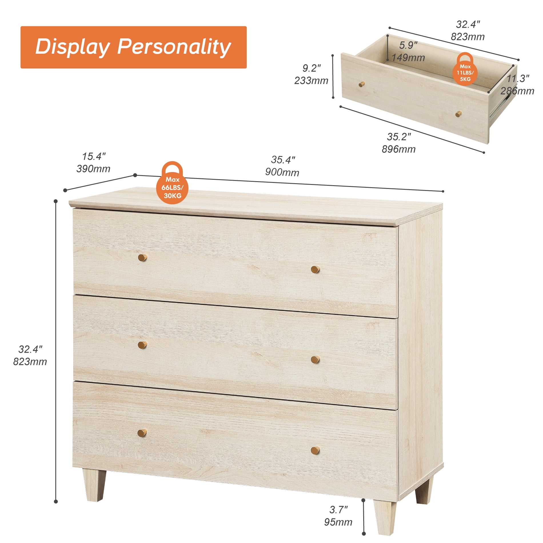 3-Drawer Dresser for Bedroom, Wood Bachelors Chest, 35.4 Inches Wide Chest of Drawer for Closet Organizer, Biscotti