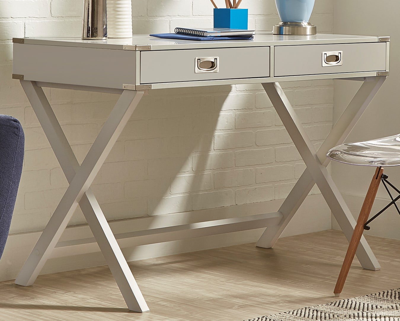 Weston Home Wood X-Base Campaign Writing Desk with Drawers, Silver Birch