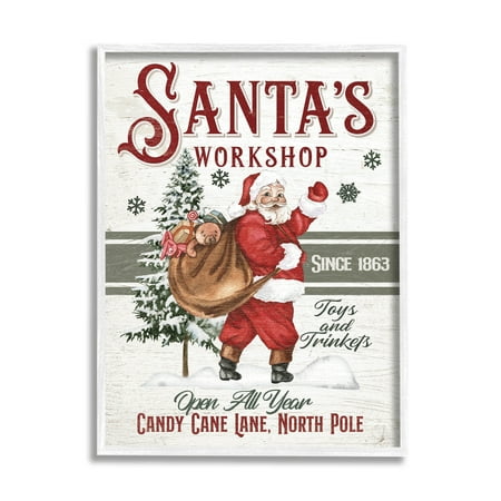 Santa's Workshop Weathered Vintage Sign Holiday Graphic Art White Framed Art Print Wall Art