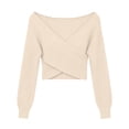 thumbnail image 3 of FRSASU Women's off the Shoulder Sweaters V-Neck Long Sleeve Slim Fit Ribbed Knit Fall Trendy Elegant Crop Tunic Pullover Tops Beige, 3 of 6