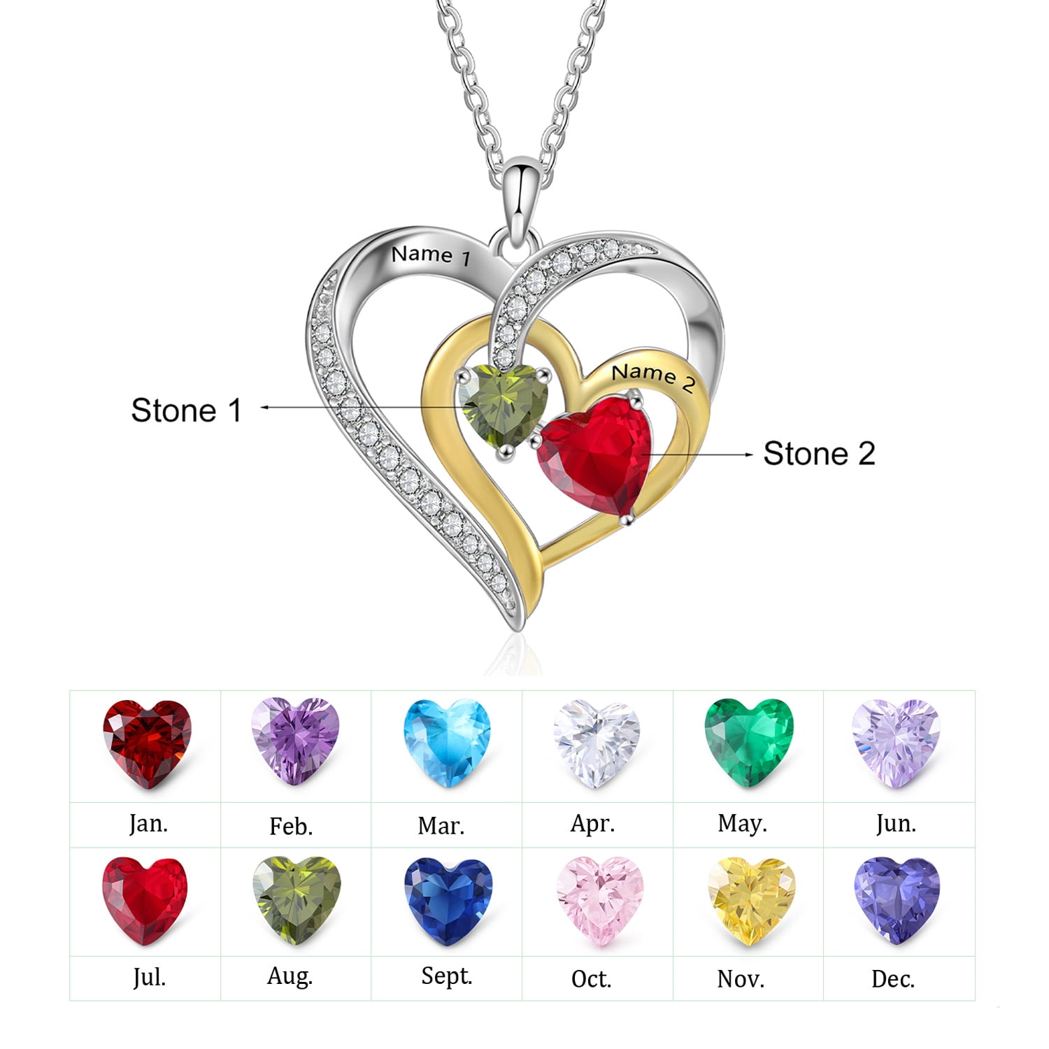 Mementos Personalized Sterling Silver Family Women's Necklace with 2 Birthstones and Names