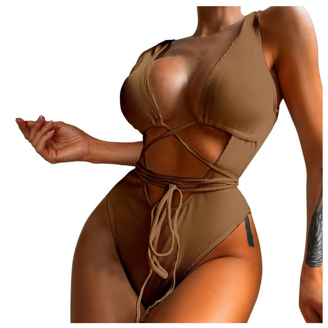 Aayomet The New Bikini Is A Solid Color Hollowed Out Strap Up Hollowed Swimsuit,Brown L