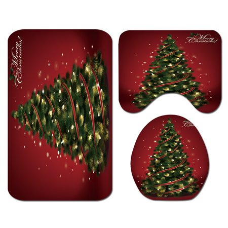 4 Pieces Shower Curtain Set,Christmas Waterproof Print Non-Slip Rug+ Toilet Lid Cover+ Bath Mat
