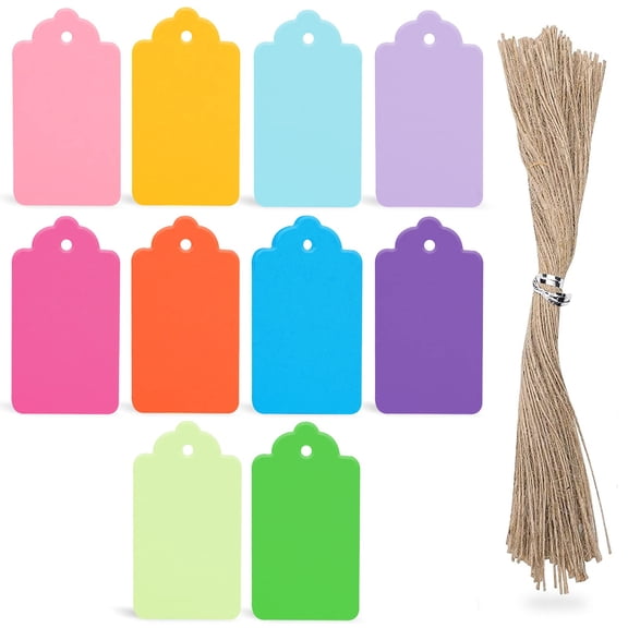 Emlimny 100 PCS Gift Tags with String Attached, 1.7x2.8 inch Colored Gift Tags for Presents DIY Crafts Clothes Holiday Wedding Party Favors