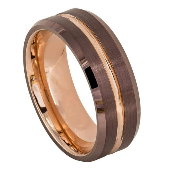 Custom Personalized Engraving Wedding Band Ring Set for Him & Her - 8mm Beveled Edge Brushed Brown IP Plated Outside with Rose Gold IP Plated Grooved Center & Inside