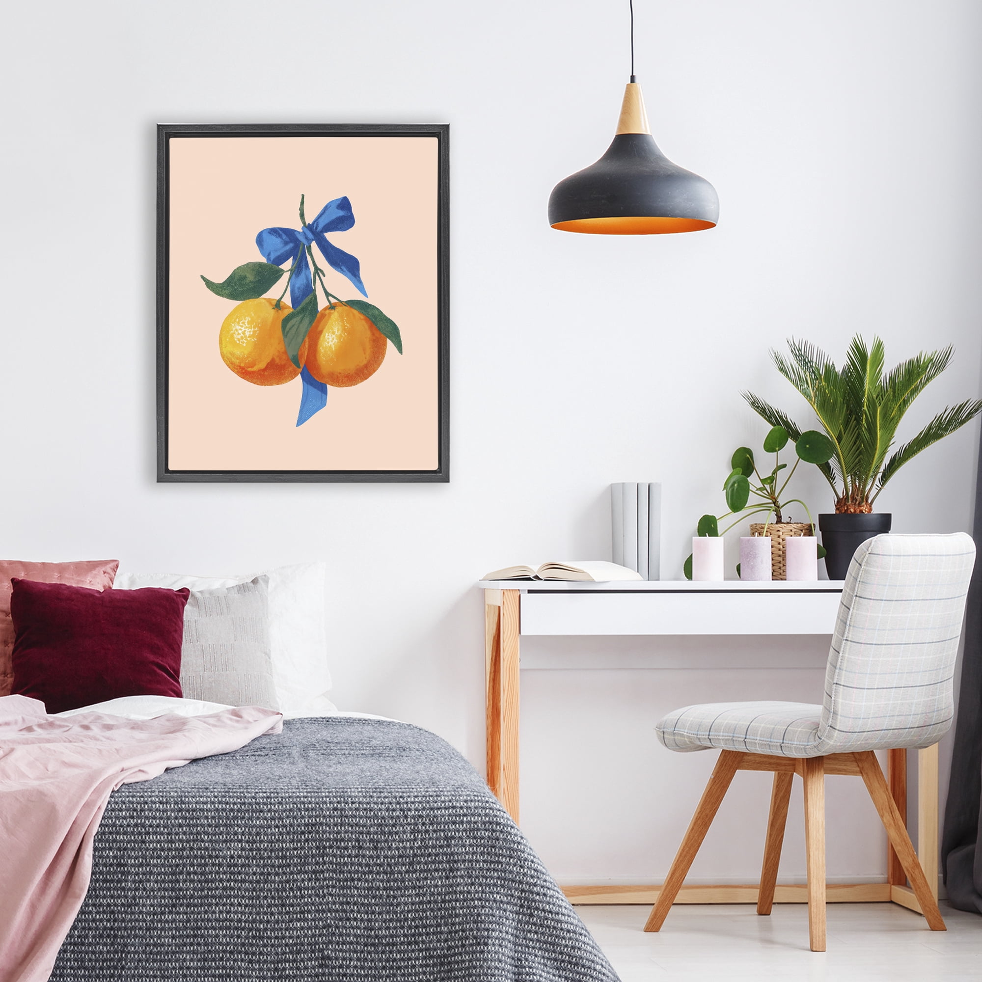Stupell Industries Two Oranges with Blue Bow Black Framed Floater Canvas Wall Art, design by Imagine It Images