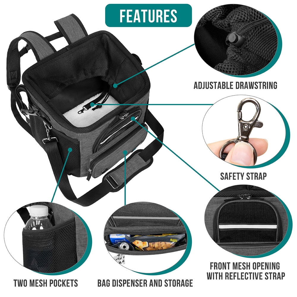 PetAmi Dog Bike Basket, Soft-sided Ventilated Dog Bike Carrier Backpack, Dog Pet Bicycle Basket for Bike Handlebar, Small Medium Puppy Cat Kitten Car Booster Seat with Safety Strap (Dark Gray)