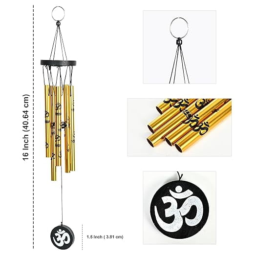 Feng Shui Metal Wind Chime with Om Design - 5-Pipe Golden Hanging Bells for Positive Energy | Good Luck Chimes for Home & Balcony Décor