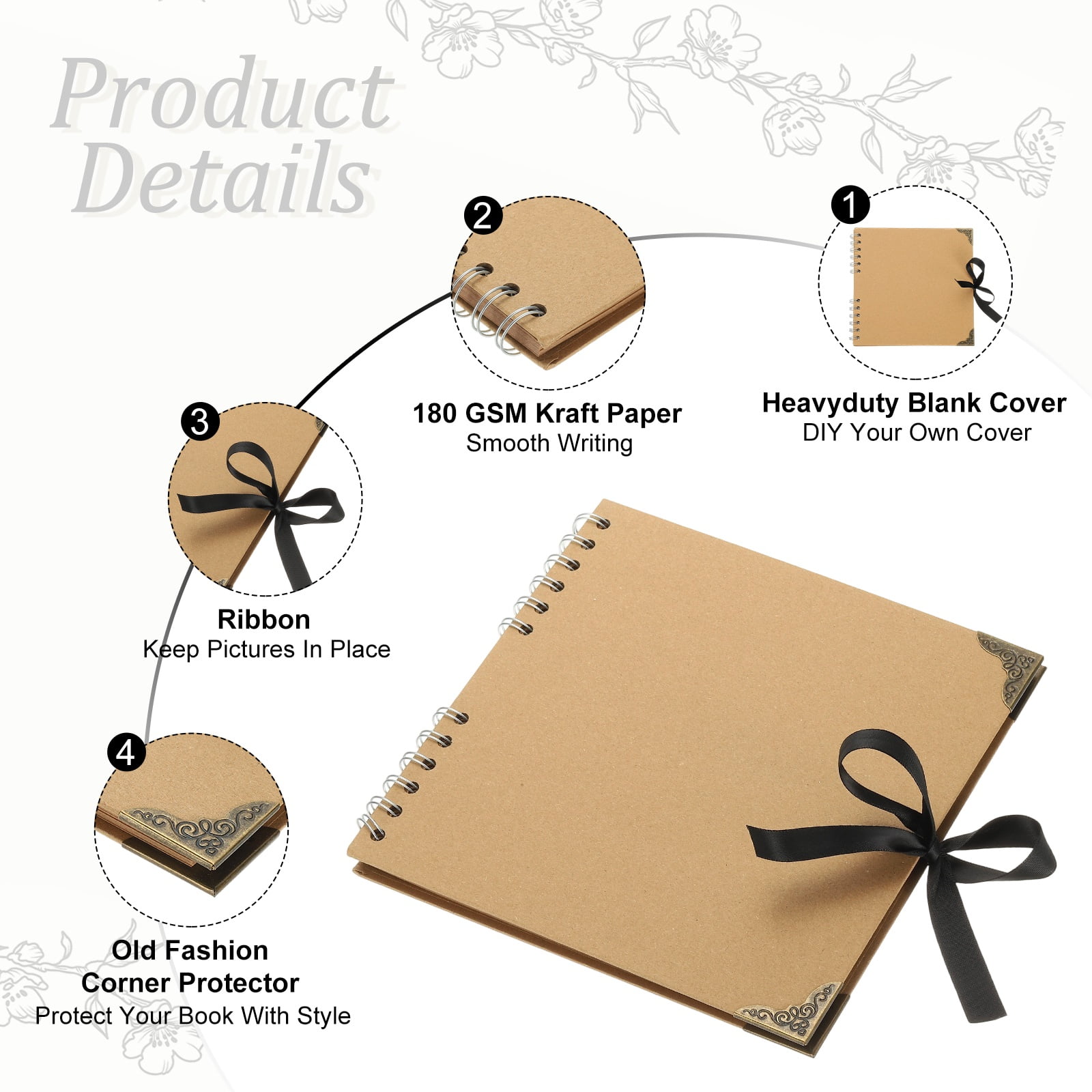 Uxcell Scrapbook Photo Albums, 8x8 Inch 60 Pages with Ribbon Protector, Khaki, 1 Pcs