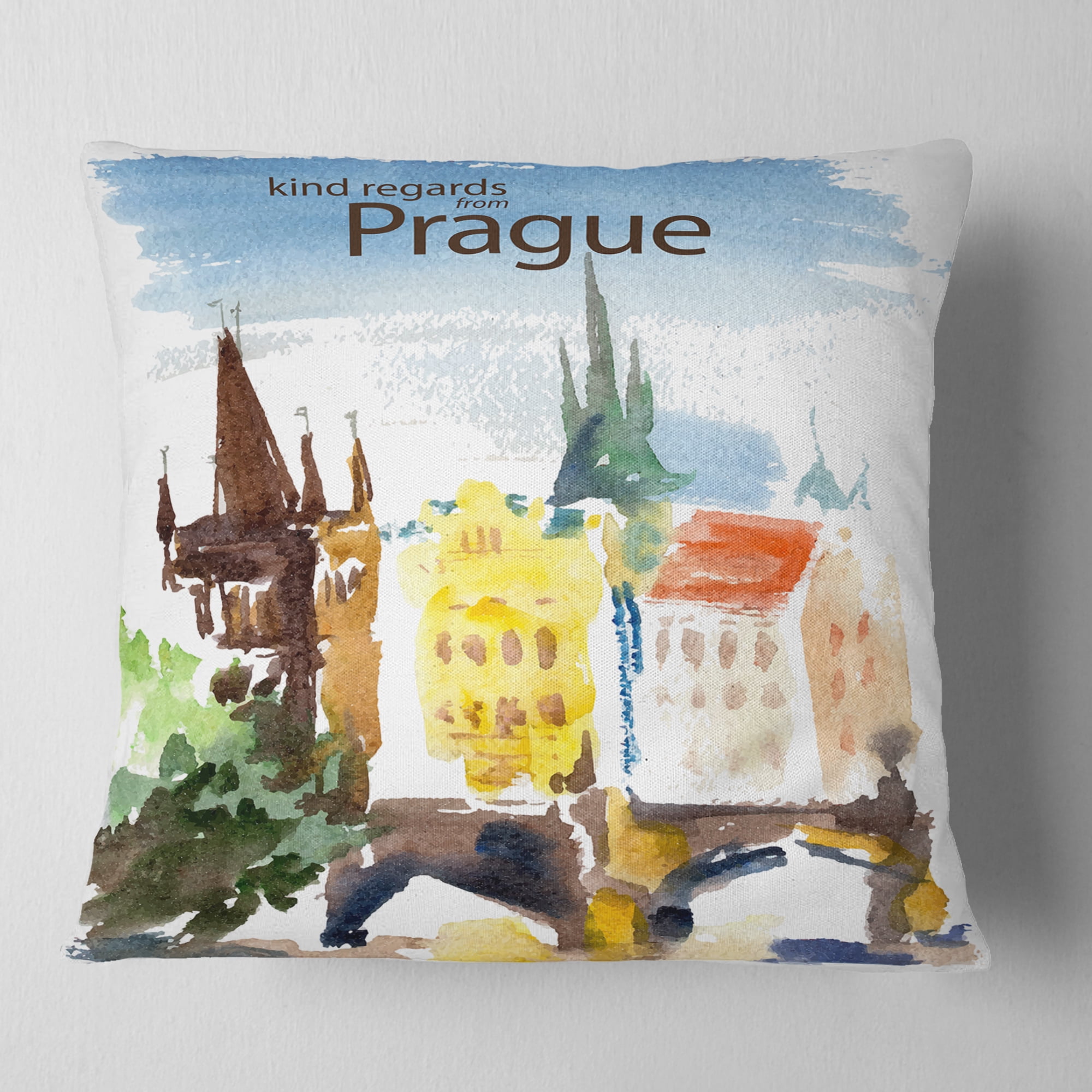 Designart Old Prague Vector Illustration - Cityscape Painting Throw Pillow - 18x18