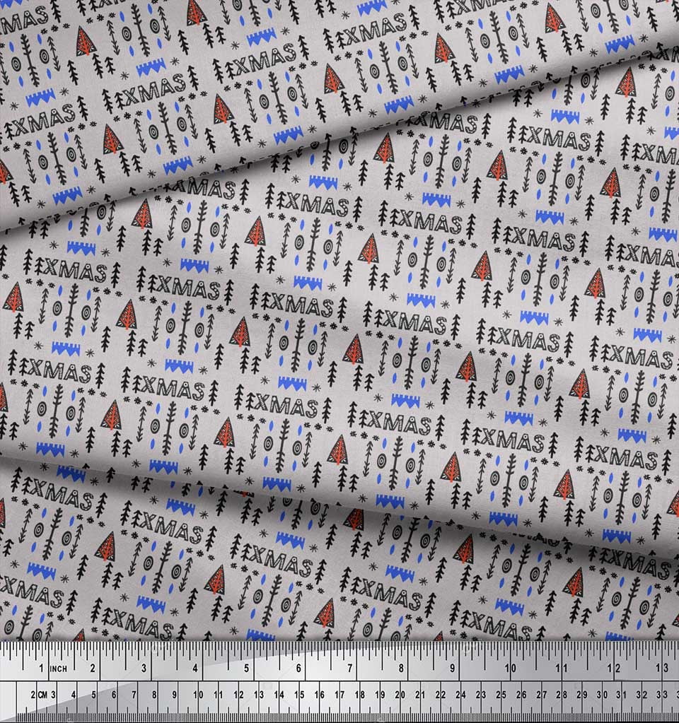 Soimoi Gray Heavy Satin Fabric Text & Christmas Tree Folk Art Decor Fabric Printed Yard 54 Inch Wide