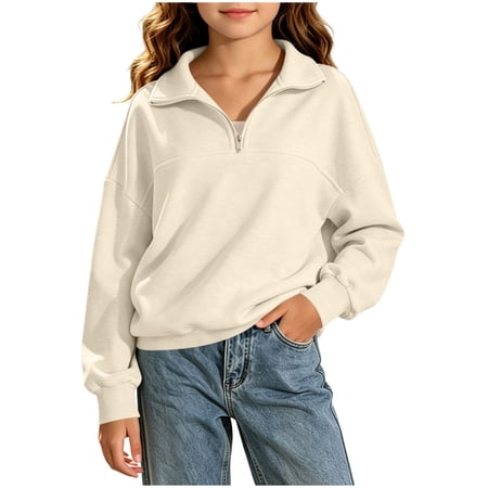 Nsxcdh Sweatshirts for Girls Collared Half Zip Long Sleeve Oversized Drop Shoulder Solid Soft Fabric Casual Blouse for Autumn Weekend City Street Shopping 13-14 Years Beige