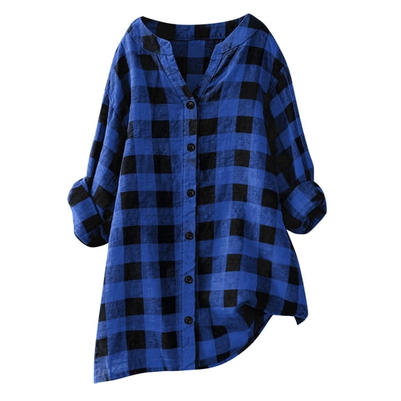 Wlynlyn Womens Plaid Shirts Plus Size Classic Rolled Long Sleeve Button down Blouses Casual Loose Work V-Neck Checked Tops(Blue,X-Large)