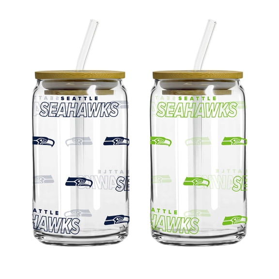 Logo Brands Seattle Seahawks 16oz. Step And Repeat Glass Can with Lid & Straw 2-Pack