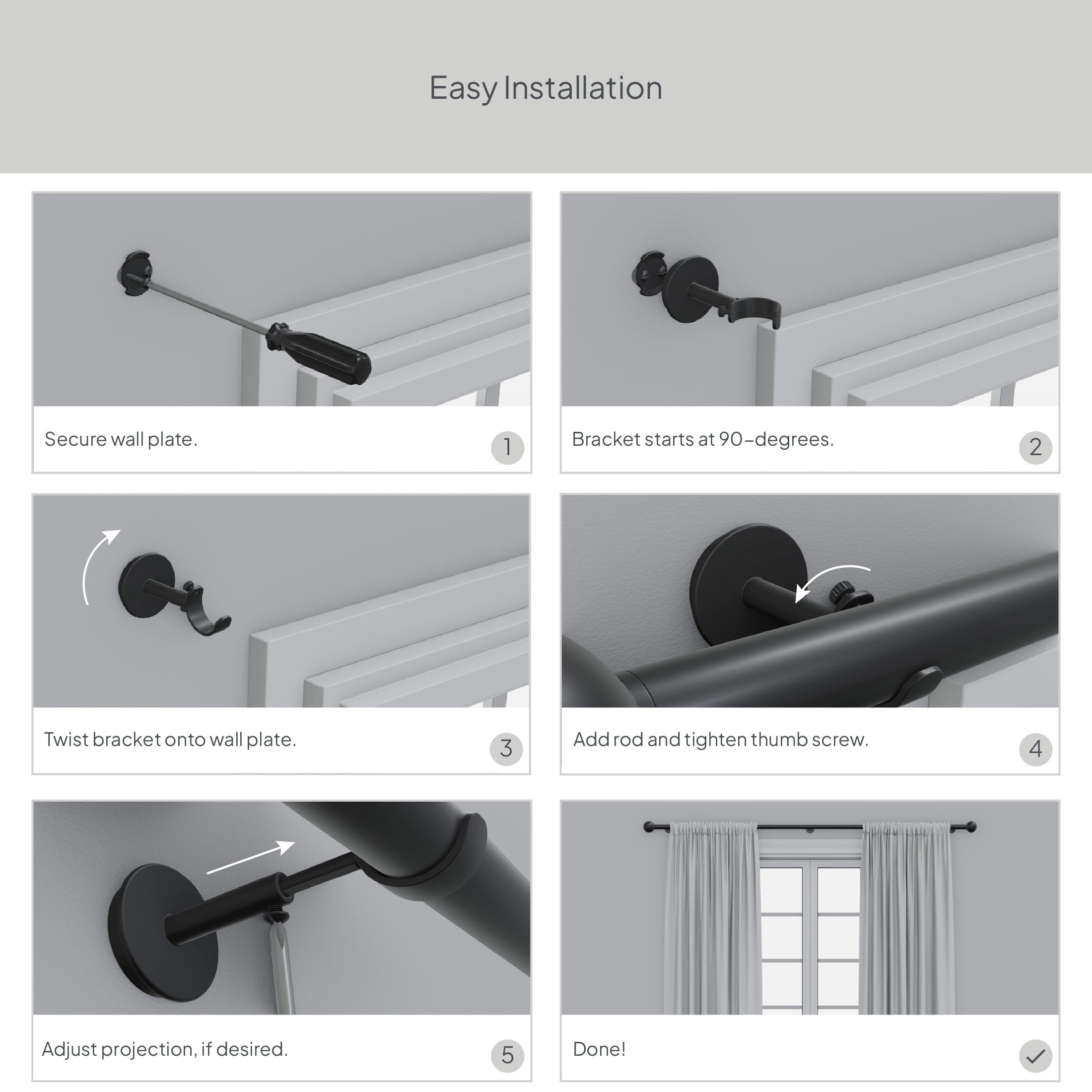 Better Homes & Gardens 1" Matte Black Adjustable Seamless Hidden Curtain Rod Bracket, Set of 2