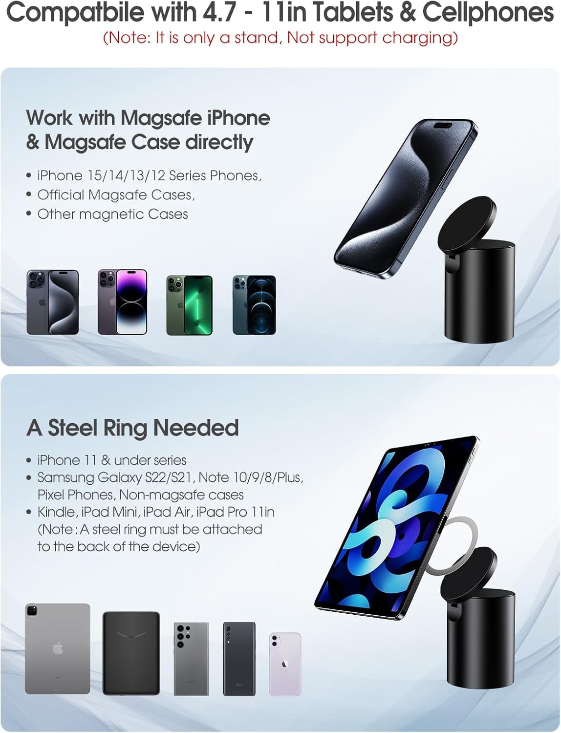 Ijhsc Heavy Duty Aluminum Magnetic Phone Stand, for Magsafe Stand for iPhone, Adjustable Cell Phone Holder for Desk, Computer Office Desk Accessories, Fits 4-11in iPhone, Kindle, iPads, Tablets
