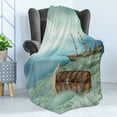 thumbnail image 4 of Fantasy Soft Flannel Fleece Throw Blanket, Antique Old Trunk in Ocean Waves Magic Bird Pirate Boat Picture, Cozy Plush for Indoor and Outdoor Use, 70" x 90", Mint Green Pale Caramel, by Ambesonne, 4 of 5
