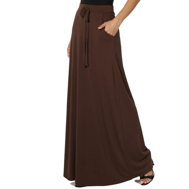 TheMogan Women's S~3X Drawstring Waist Pocket Drapey Jersey A-Line Long Maxi Skirt