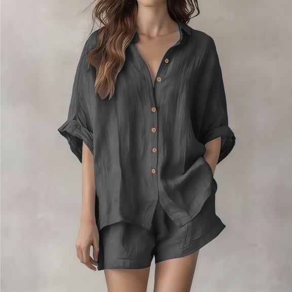 Cagogo Women's Plus Size 2 Piece Sets V Neck Short Sleeve Shirt Loose Casual Summer Outfits Solid Basic Tops with Shorts Matching Lounge Travel Airport Clothes, Dark Gray XL