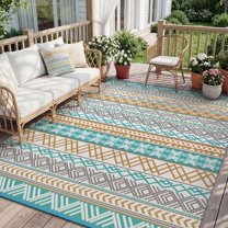 SIXHOME Outdoor Rug 5'x8' Waterproof Reversible Patio Rug Boho Geometric Indoor Outdoor Rugs Lightweight Plastic Straw Ourdoor Carpet for RV Camping Deck Balcony Modern Porch Decor Gray and Teal