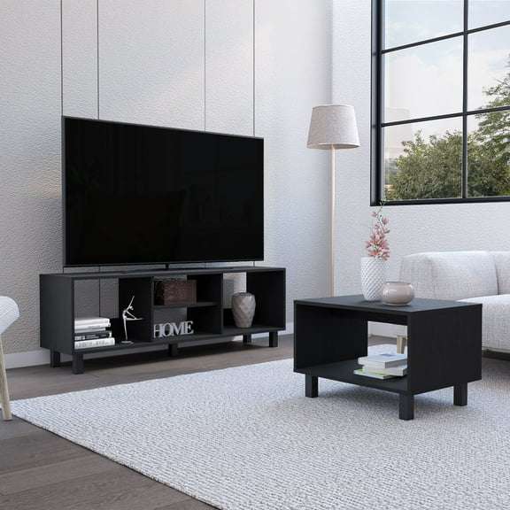 Knubmt Modern TV Stand and Coffee Table, Wood TV Cabinet Tea Table Set for Living Room, Office, Black