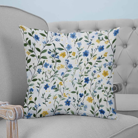 Blue Yellow Spring Floral Throw Pillow Covers, Soft Pillowcases with Invisible Zipper, Elegant Summer Botanical Green Decorative Pillow Cushion Covers for Living Room Couch Sofa Bed 20x20 Inches