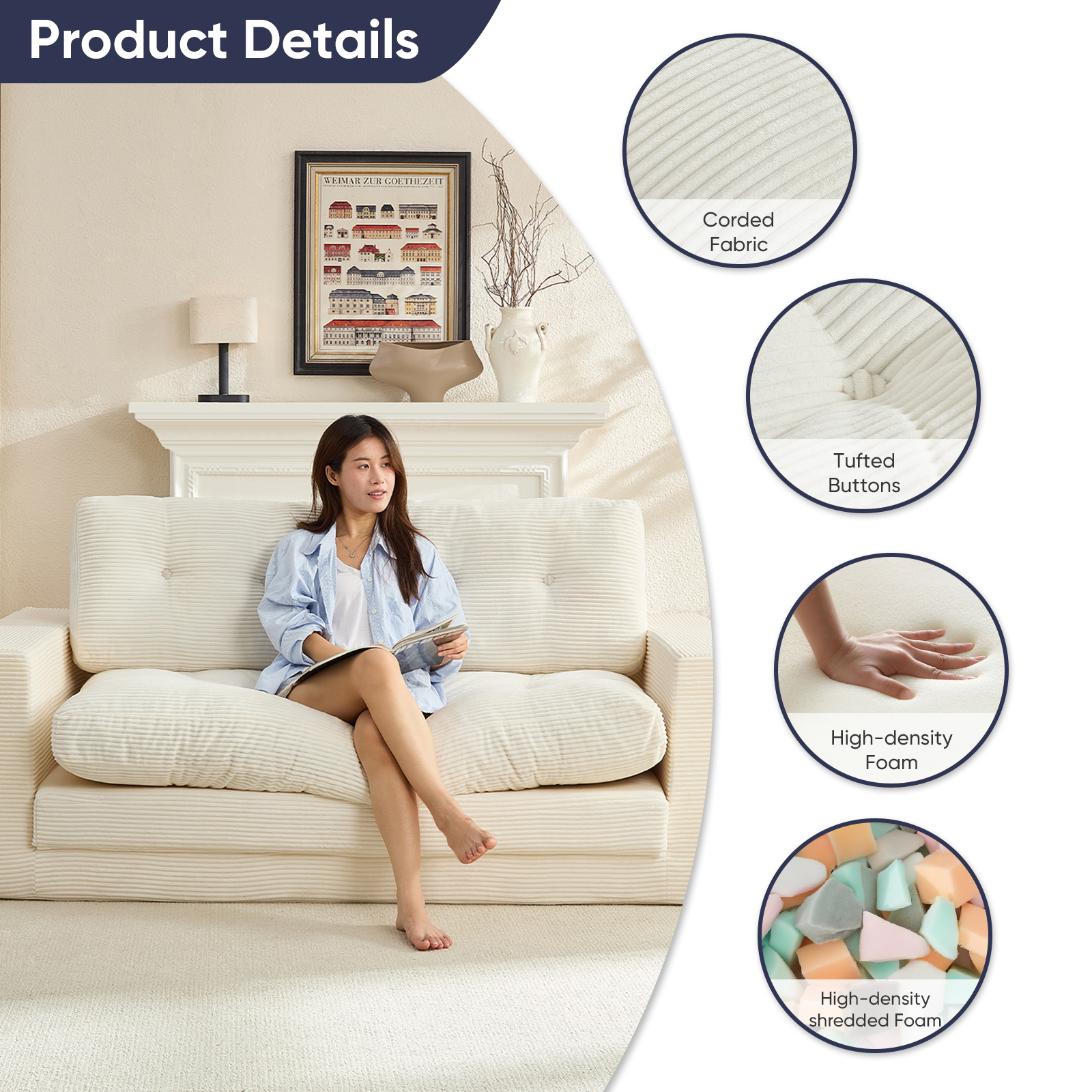 ZAFLY 2 in 1 Convertible Loveseat, Sleeper Sofa Bed, Floor Couch for Small Space - Beige