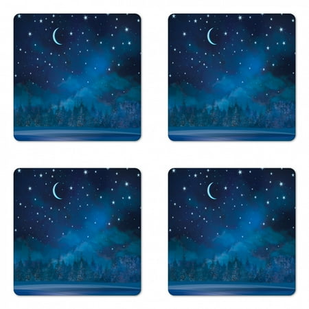 

Winter Coaster Set of 4 Nighttime Painting Illustration with Blue Moon Square Hardboard Gloss Coasters Standard Size Sea Blue Dark Blue by Ambesonne