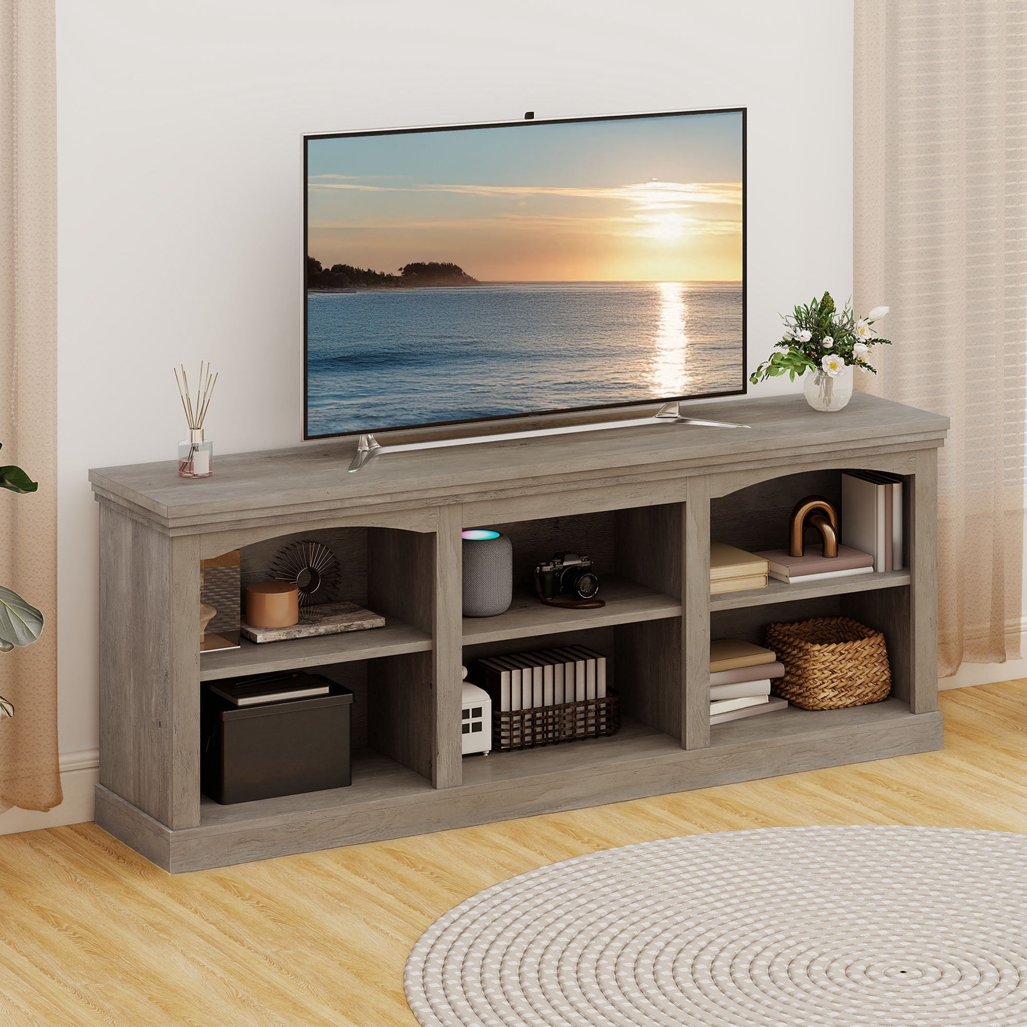 Uforic TV Stand for 80 Inches TV, Farmhouse Entertainment Center with Adjustable Shelf & Storage Cabinets, Washed Gray