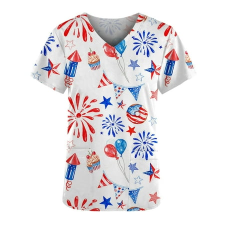 

Women s Scrub Top Fashion Short Sleeve V-Neck Working Uniform Tops Fashion Printing Nurse Blouses with Pockets