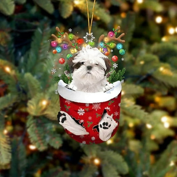 Acrylic 2D FLAT Shih Tzu In Snow Pocket Christmas Ornament 1