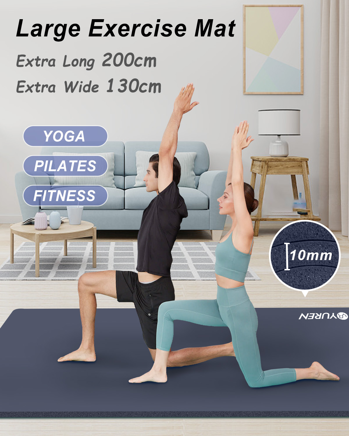 YR Large Yoga Mat 10mm Thick Navy Blue photo 3