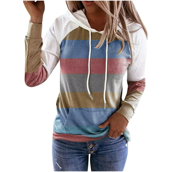 Fesfesfes Women Hooded Turtleneck Stripe Print Casual Full-Sleeve Hooded Pocket Sweatshirts Pullover Plus Size Clearance $10