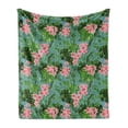 thumbnail image 1 of Luau Soft Flannel Fleece Throw Blanket, Exotic Illustration of Leaves and Pastel Tone Plumeria Flowers Repeated, Cozy Plush for Indoor and Outdoor Use, 50" x 60", Teal Green, by Ambesonne, 1 of 5