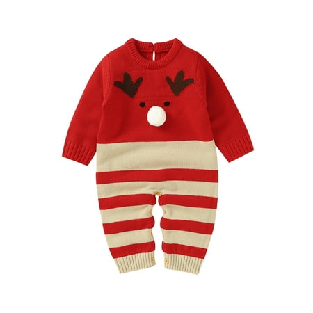 

Baby Girl Boy Romper Deer Long Sleeve Round Neck Buttons Knitting One-Piece Bodysuit
