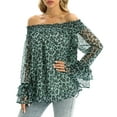 thumbnail image 2 of Women's Chiffon Blouses Off Shoulder Casual Long Sleeve Tops Leopard Print Ruffle Loose Shirts 2XLGreen, 2 of 7