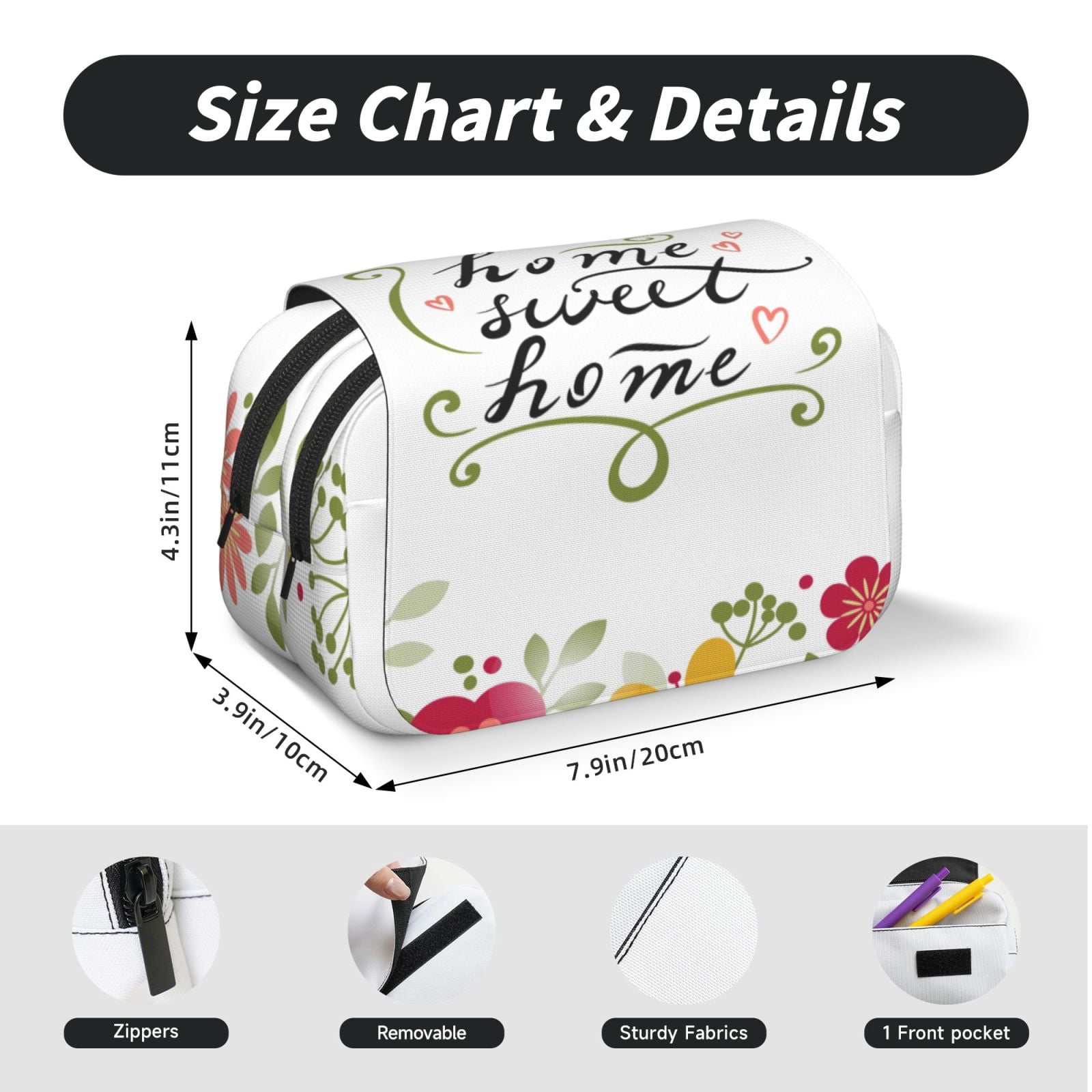 Rateoe Home Sweet Home Floral Pattern Double Clamshell Pen Case, Storage Organizer with Two Zipper Compartments– Holds Up to 50 Pencils & Pens