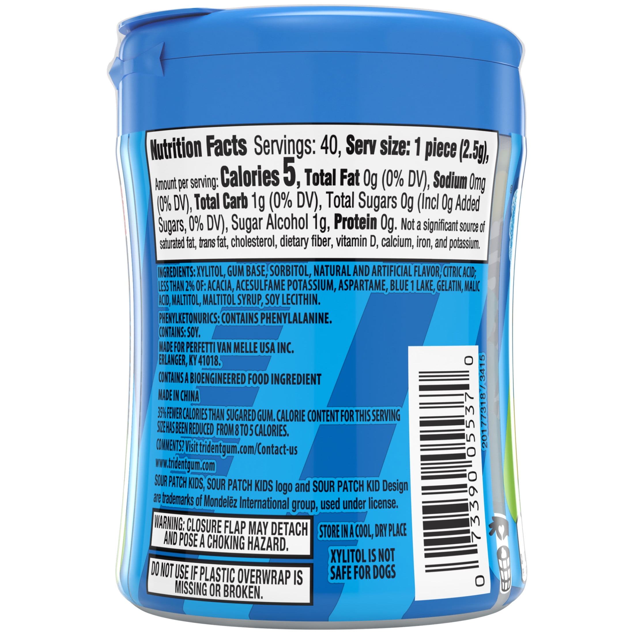Trident Vibes Sour Patch Kids Sugar Free Gum, Blue Raspberry, Regular Size, 40 Piece Bottle
