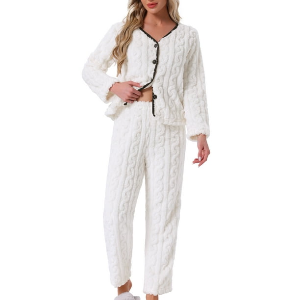 Conjunto de pijama de franela para mujer, de manga larga, con botones, cuello en V, pantalones de forro polar esponjoso, ropa de casa, S blanca