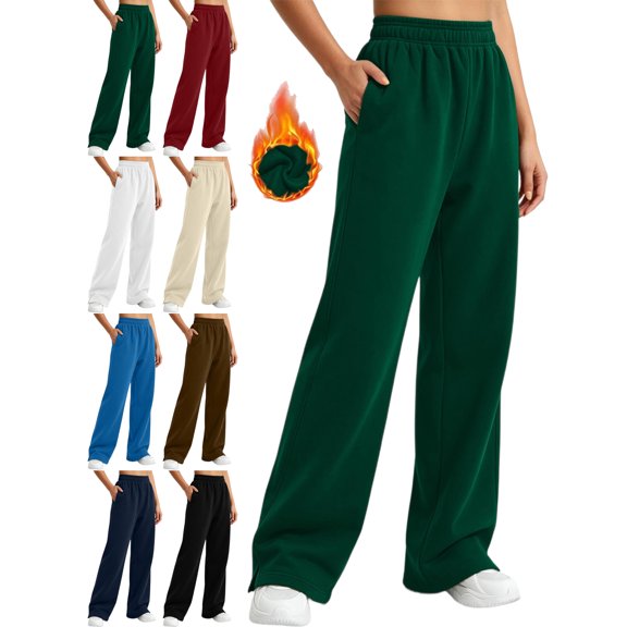 Women's Loose Fit Fleece Wide Leg Pants Elastic Waist Solid Color Basic Warm Casual Everyday Winter Athletic Home Lounge Sweatpants