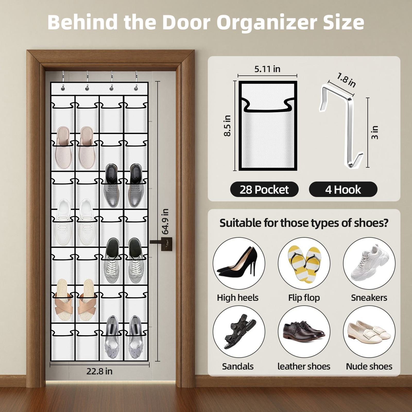 torio Over-the-Door Shoe Organizer, 28 Pockets, White photo 7