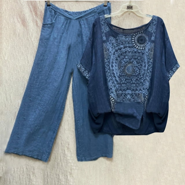 Ensemble d'Été Deux Pièces pour Femmes, Imprimé, Col Rond, Manches Courtes, Pull + Pantalon, Ensemble Deux Pièces en Solde
