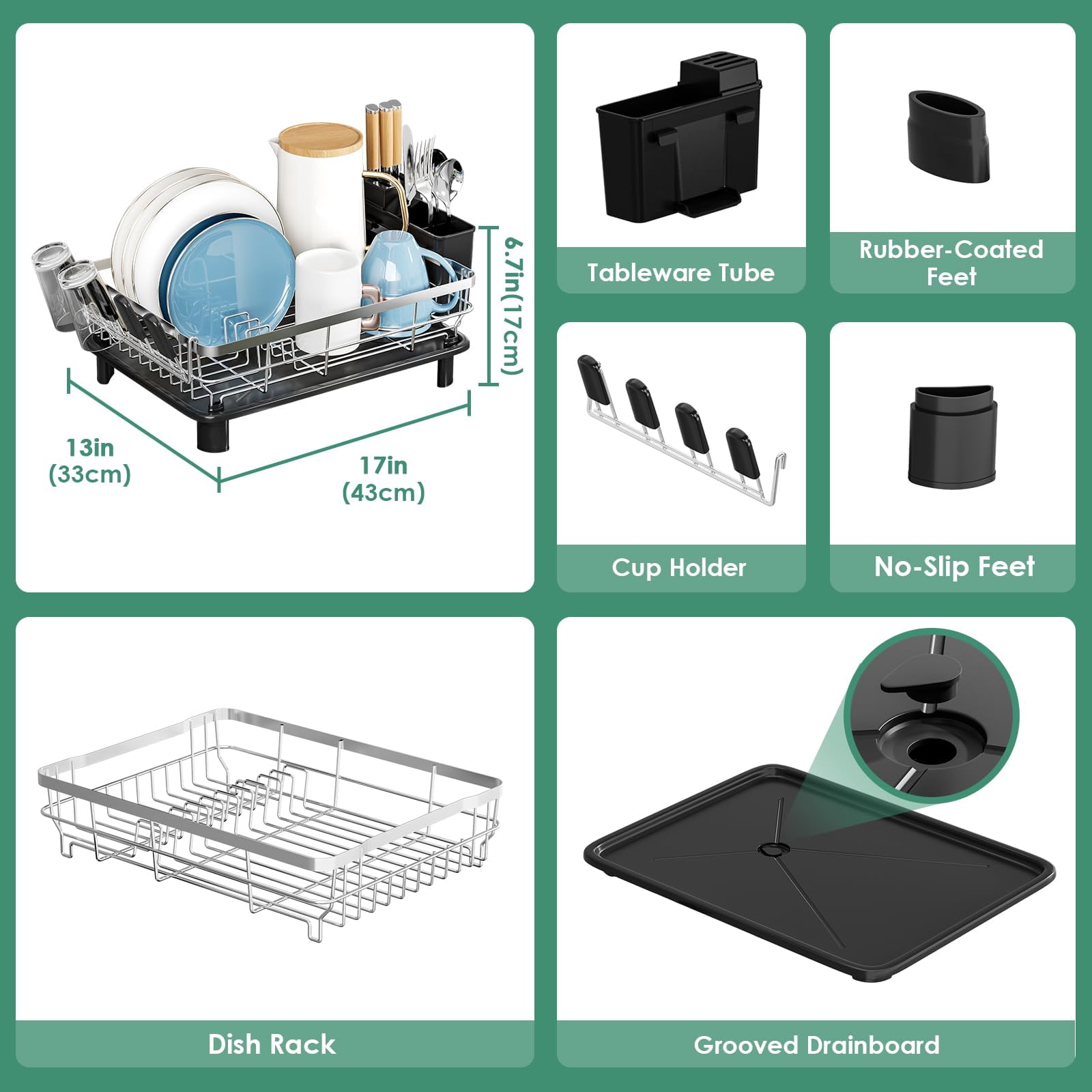 Dish Drying Rack  Stainless Steel Racks For Kitchen Counter Drainer With Removable Utensil Holder Drainboard (black 13''w X 17''l)
