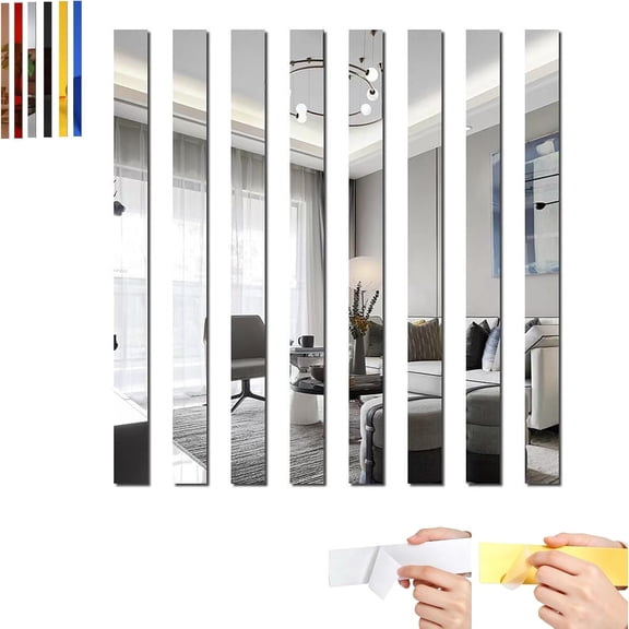 Self-Adhesive Acrylic Mirror Wall Stickers, 10-Pack Striped Design Mirror Art Tile Decal, Wall Decals Removable Mirrors Strips, for Ceiling, Living Room & Home DIY Decor