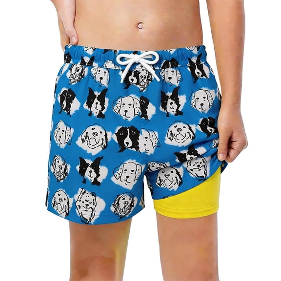Lullu Little Boys Swim Shorts Cute Dog Print Stretch Board Shorts with Compression Liner, Sizes 5-6