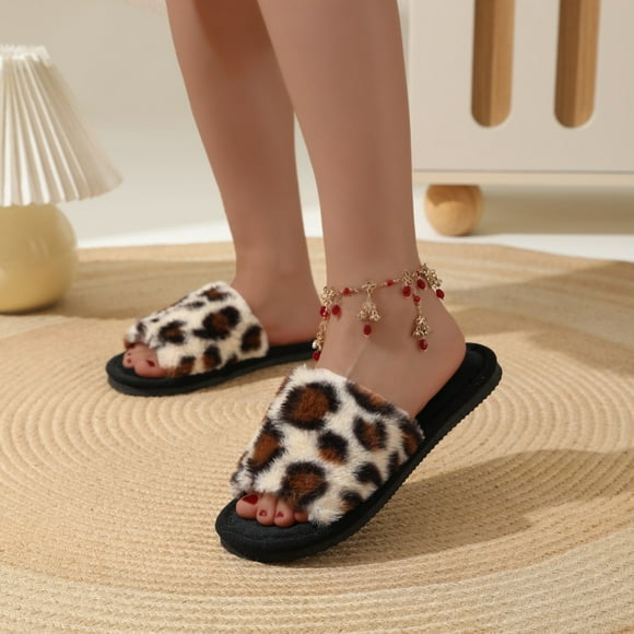 Nuevas Zapatillas de felpa con estampado de leopardo ins, zapatillas de algodón con tiras cruzadas, pantuflas de piel cálidas para el hogar para otoño e invierno